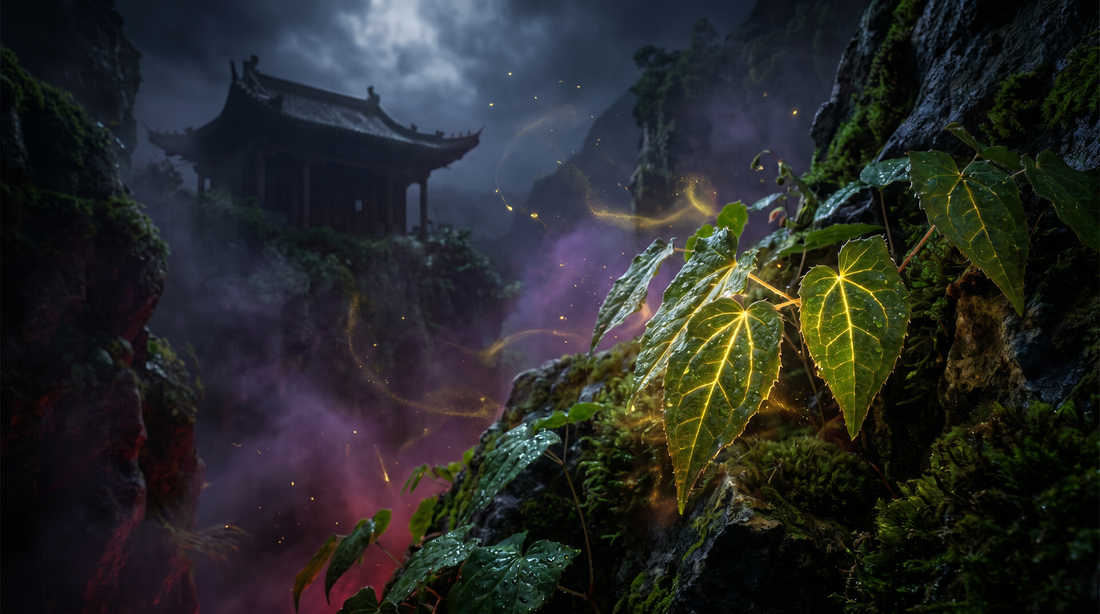 Cinematic image of glowing Horny Goat Weed leaves growing across misty mountain cliffs at night, illuminated by golden energy and moonlight with a mysterious ancient herbal temple in the background.