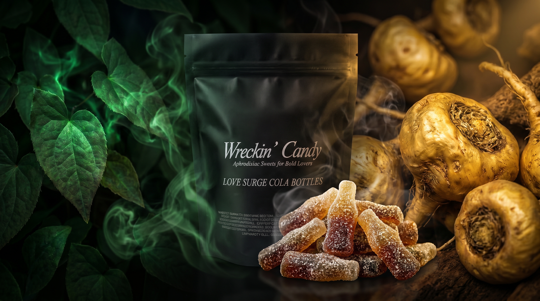 Premium Wreckin’ Candy sour cola bottle gummies beside Horny Goat Weed and Maca Root ingredients in a dramatic luxury wellness scene with black packaging.