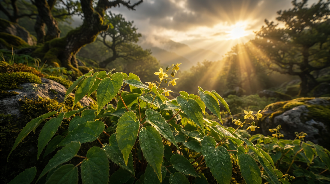 Horny Goat Weed plant growing in a mountainous landscape at sunrise.