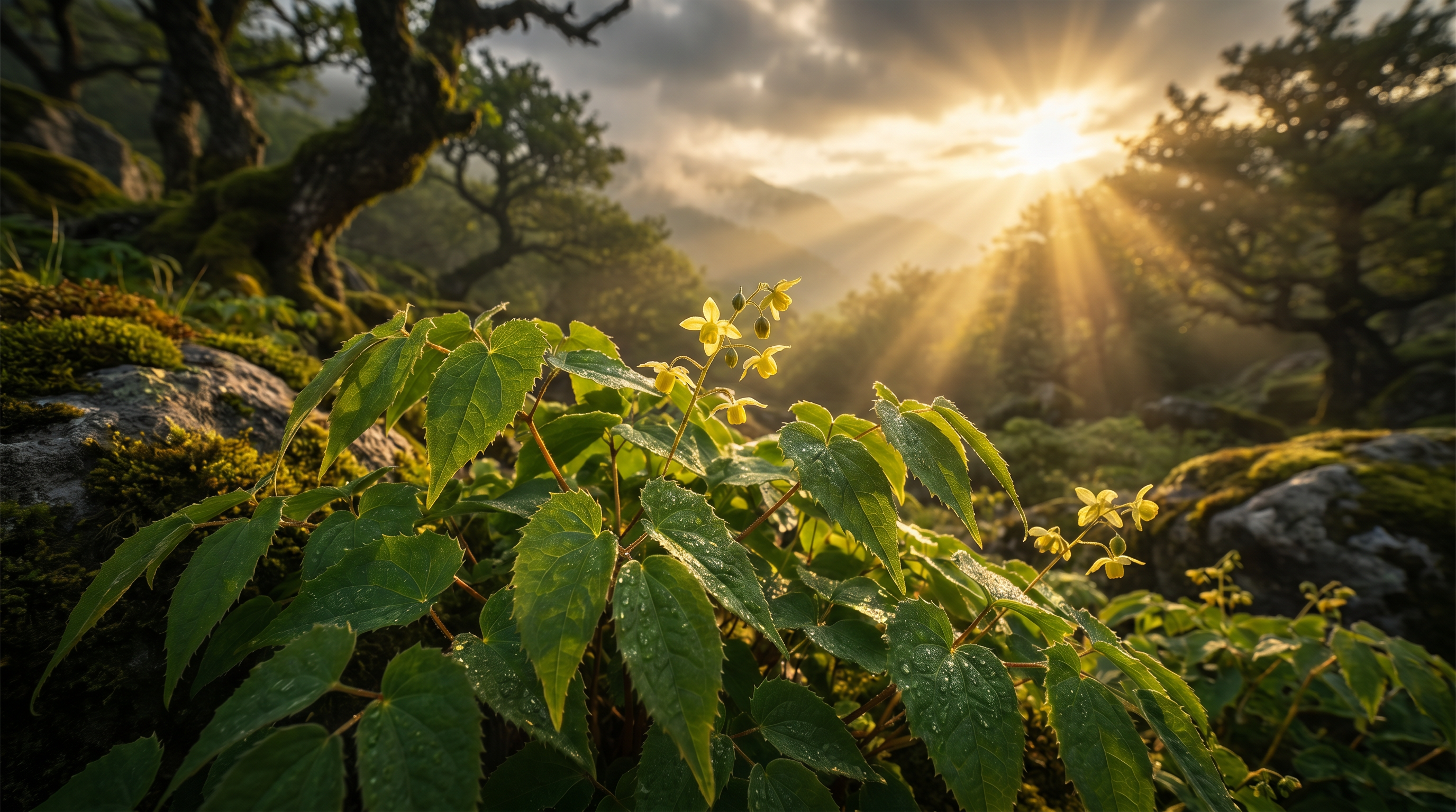 Horny Goat Weed plant growing in a mountainous landscape at sunrise.