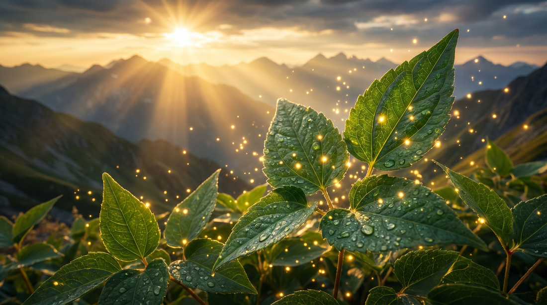 Horny Goat Weed leaves illuminated by golden sunrise light in a mountain landscape.