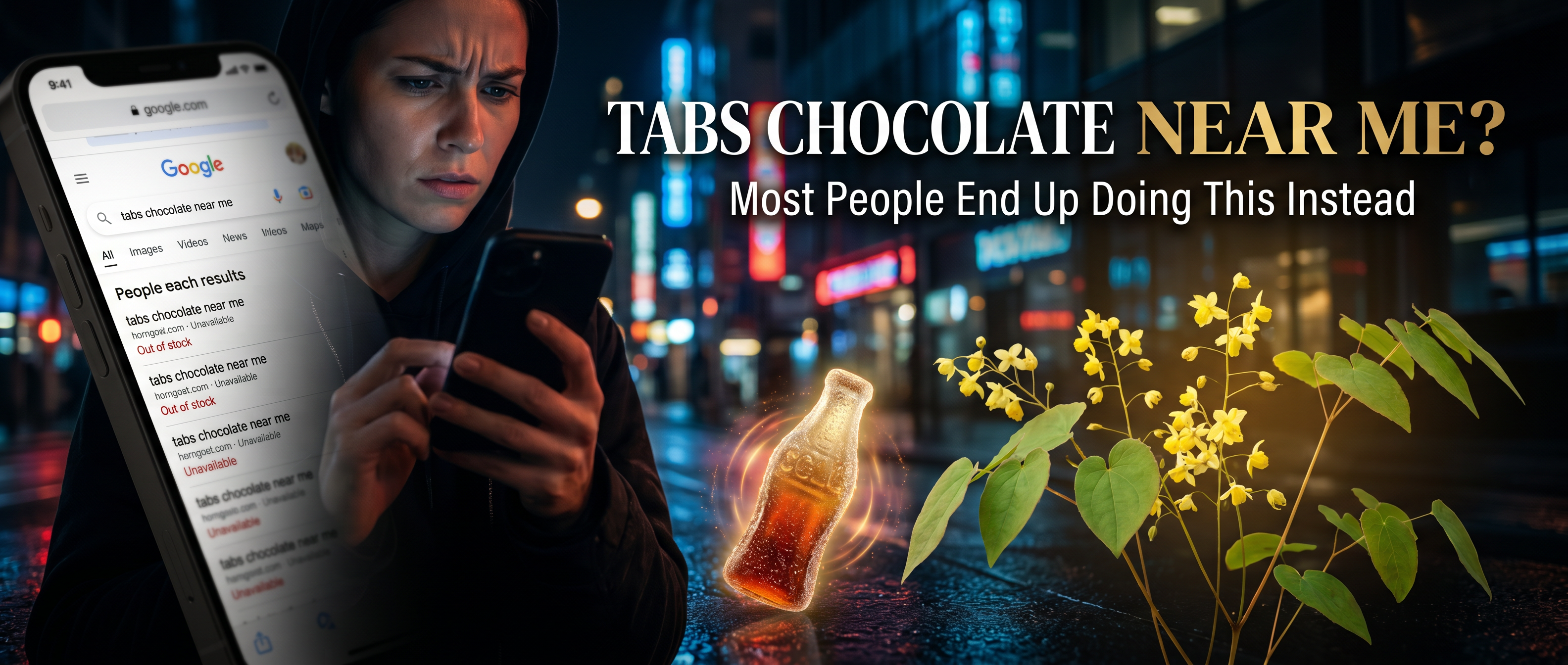 Person searching for Tabs chocolate near me on a smartphone at night, with botanical Epimedium (Horny Goat Weed) plants and a sour cola bottle candy representing a globally available alternative.